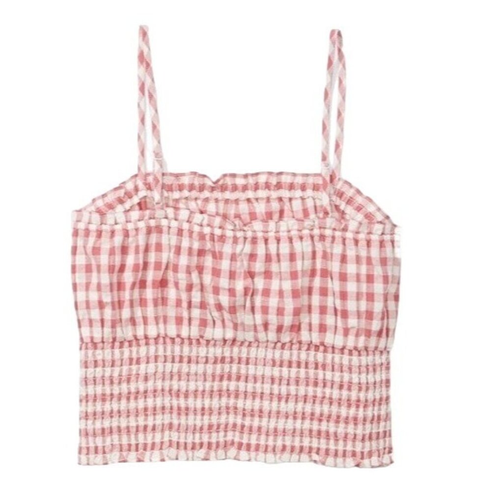 American Eagle Plus Size XXL Crop Top Gingham Smocked Pink White Lightweight - Picture 5 of 9